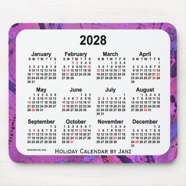 2028 Magenta Holiday Art Calendar by Janz Mouse Pad (Front)