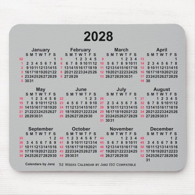 2028 Silver 52 Weeks ISO Calendar by Janz Mouse Pad (Front)