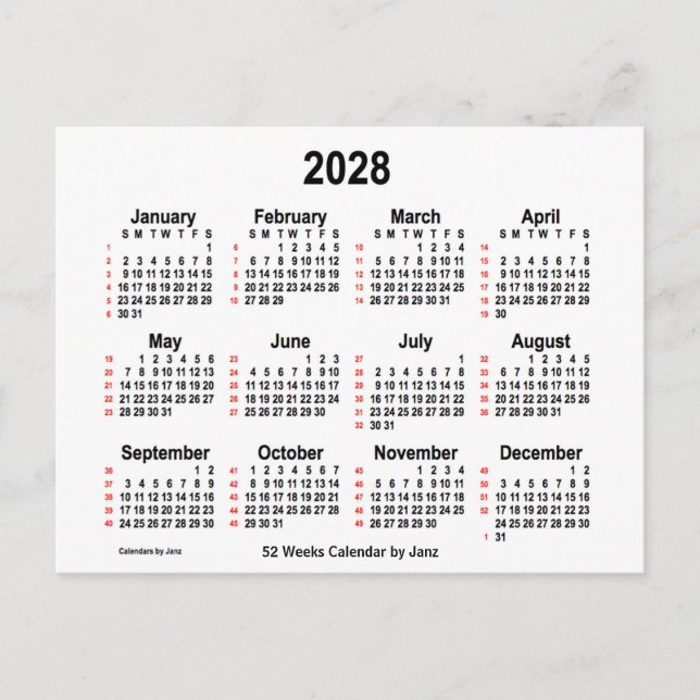 2028 White 52 Weeks Calendar by Janz Postcard (Front)