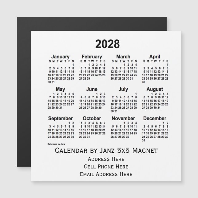 2028 White Business Calendar by Janz 5x5 Magnet (Devant / Derrière)