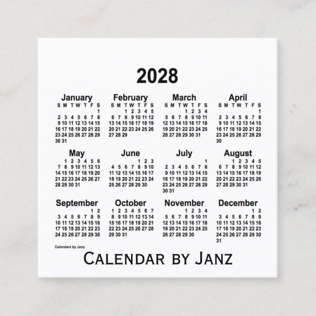 2028 White Calendar by Janz Square Business Card (Front)