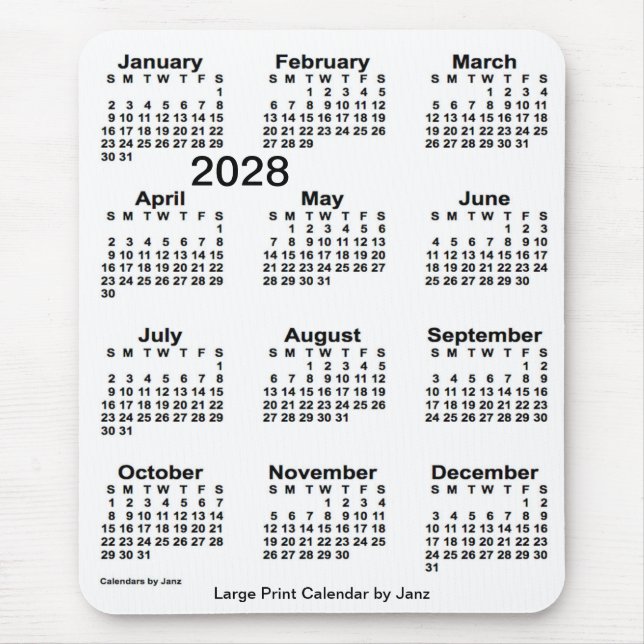 2028 White Large Print Calendar by Janz Mouse Pad (Front)