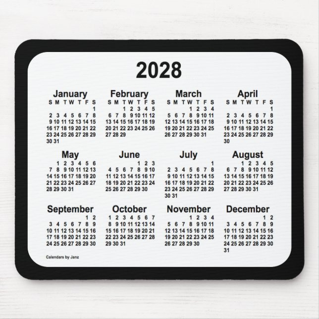 2028 White on Black Calendar by Janz Two Tone Mouse Pad (Front)