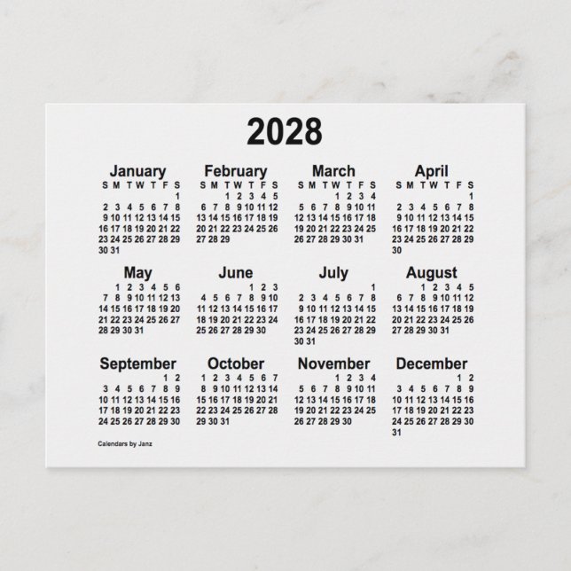 2028 White Smoke Mini Calendar by Janz Postcard (Front)