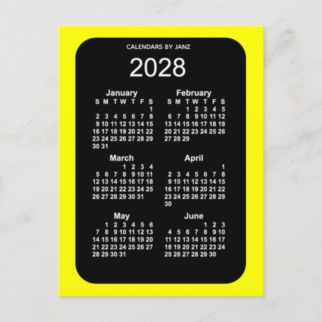 2028 Yellow Neon 6 Month Mini Calendar by Janz Postcard (Front)