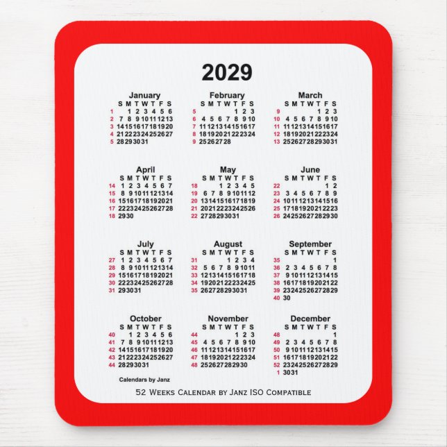 2029 Red 52 Weeks ISO Calendar by Janz Two Tone Mouse Pad (Front)
