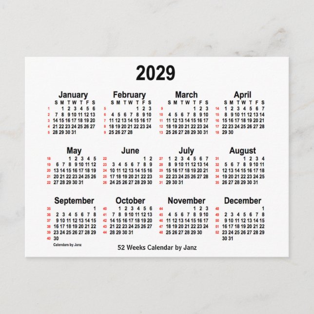 2029 White 52 Weeks Calendar by Janz Postcard (Front)