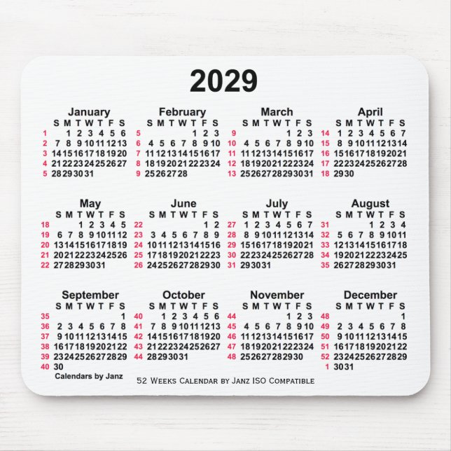 2029 White 52 Weeks ISO Calendar by Janz Mouse Pad (Front)