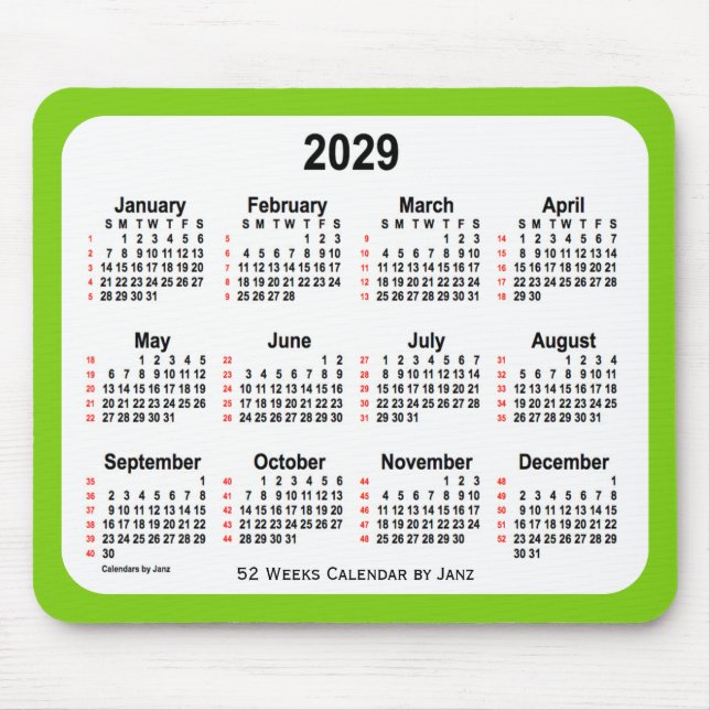 2029 Yellow Green 52 Weeks Calendar by Janz Mouse Pad (Front)