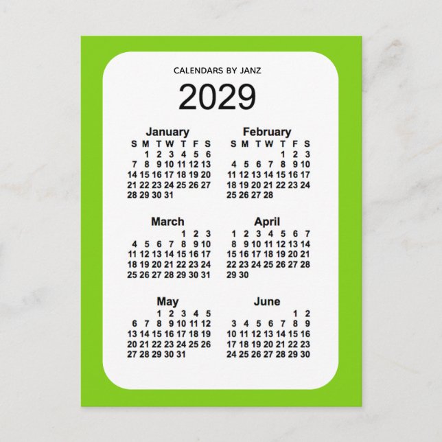 2029 Yellow Green 6 Month Mini Calendar by Janz Postcard (Front)