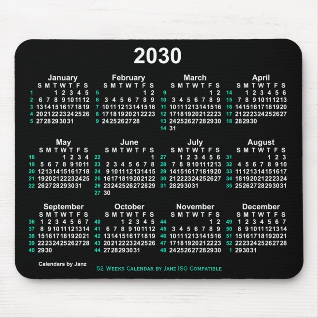 2030 Neon White 52 Weeks ISO Calendar by Janz Mouse Pad (Front)