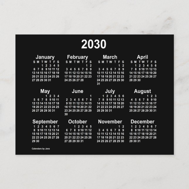 2030 Neon White Mini Calendar by Janz Postcard (Front)