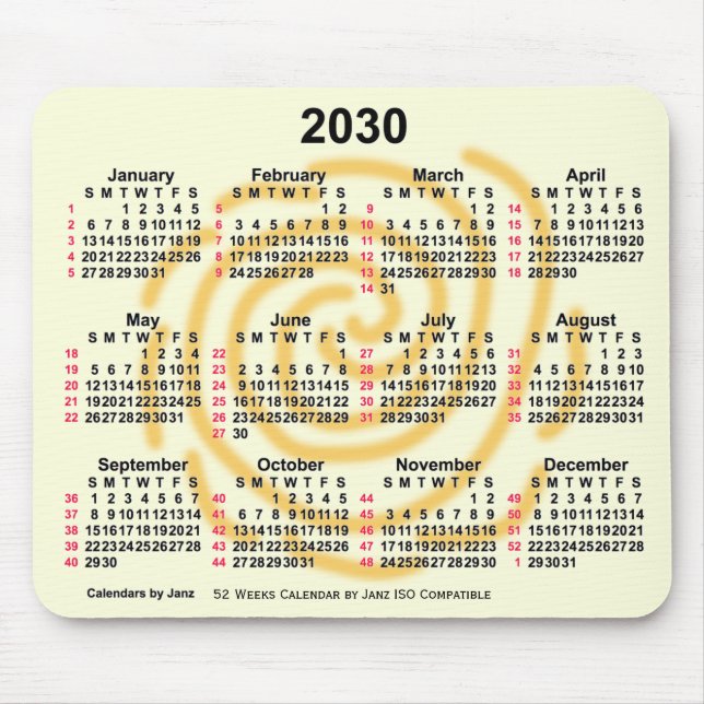 2030 Sunny Days 52 Weeks ISO Calendar by Janz Mouse Pad (Front)