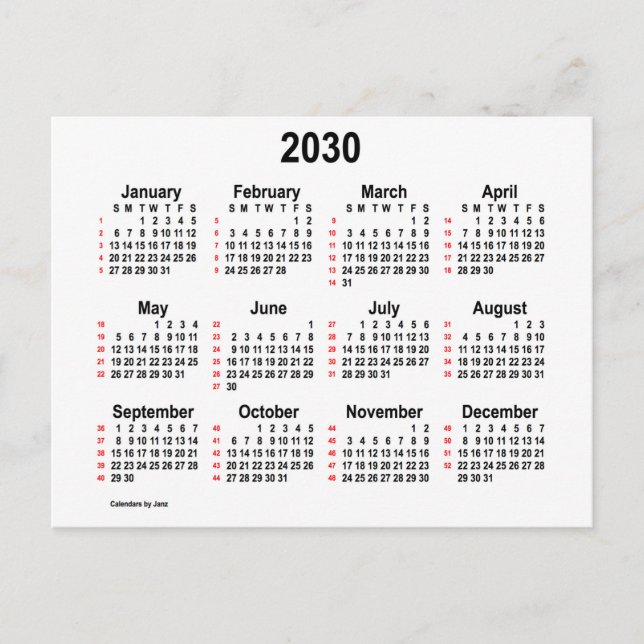 2030 White 52 Weeks Mini Calendar by Janz Postcard (Front)