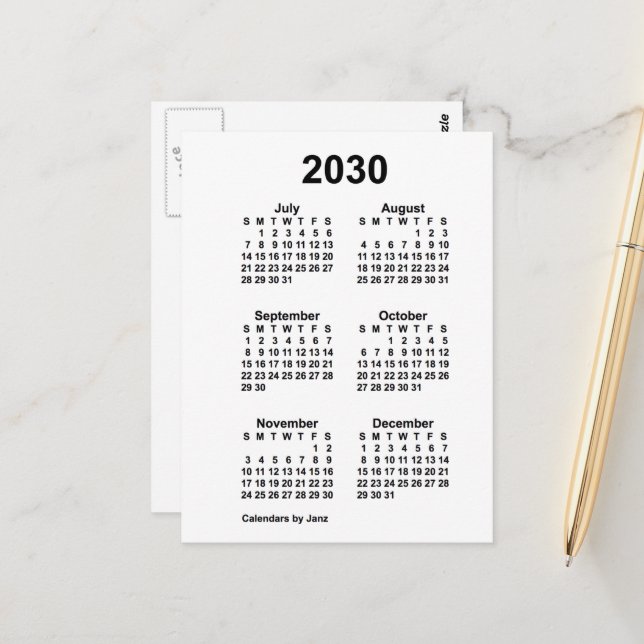 2030 White 6 Month Mini Calendar by Janz Postcard (Front/Back In Situ)