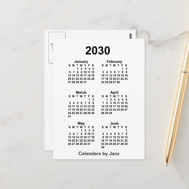 2030 White 6 Month Mini Calendar by Janz Postcard (Front/Back In Situ)