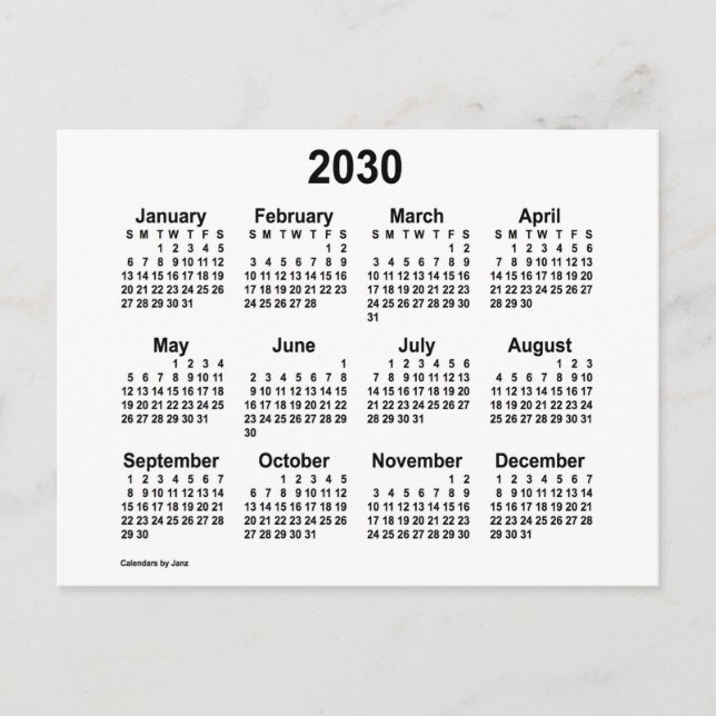 2030 White Mini Calendar by Janz Postcard (Front)