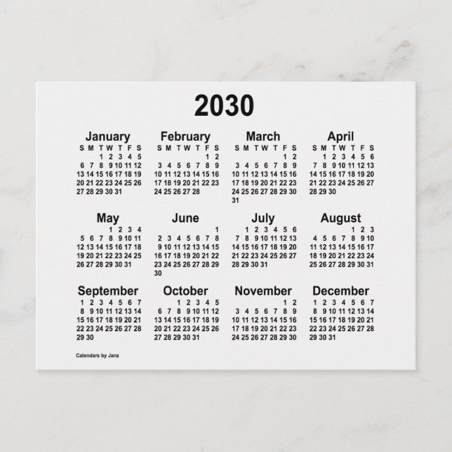 2030 White Smoke Mini Calendar by Janz Postcard (Front)