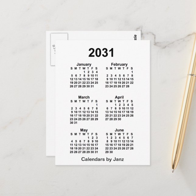 2031 White 6 Month Mini Calendar by Janz Postcard (Front/Back In Situ)