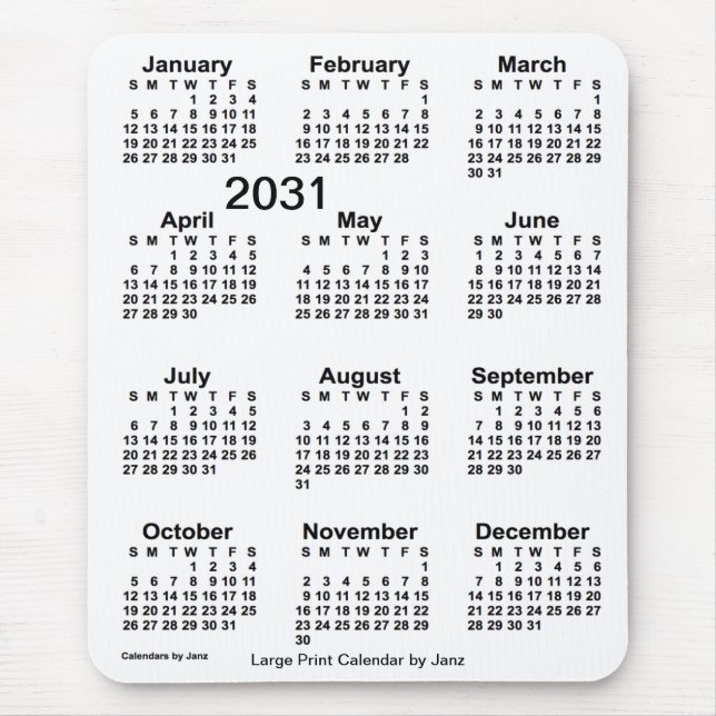 2031 White Large Print Calendar by Janz Mouse Pad (Front)