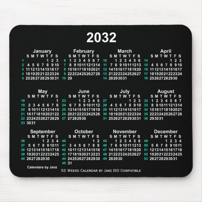 2032 Neon White 52 Weeks ISO Calendar by Janz Mouse Pad (Front)