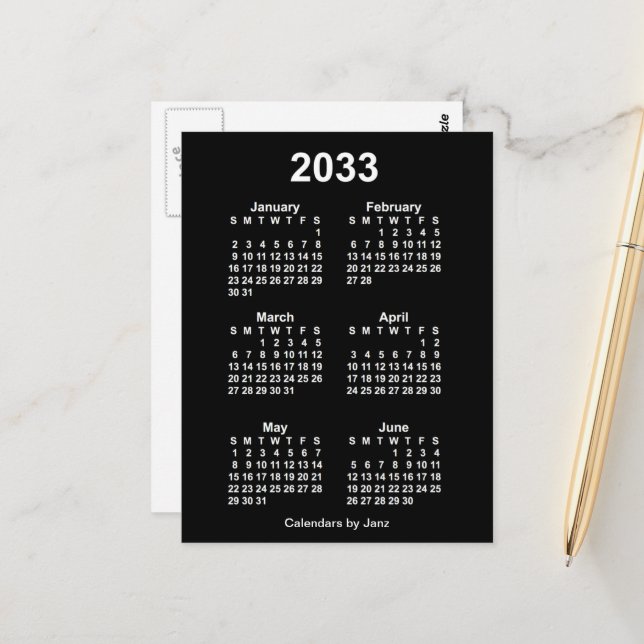 2033 Neon White 6 Month Mini Calendar by Janz Postcard (Front/Back In Situ)