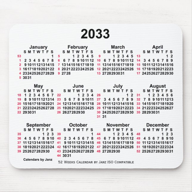 2033 White 52 Weeks ISO Calendar by Janz Mouse Pad (Front)