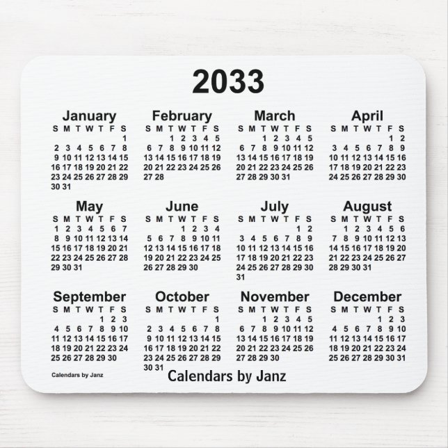 2033 White Calendar by Janz Mouse Pad (Front)