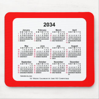 2034 Red 52 Weeks ISO Calendar by Janz Two Tone Mouse Pad