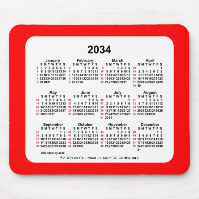 2034 Red 52 Weeks ISO Calendar by Janz Two Tone Mouse Pad (Front)