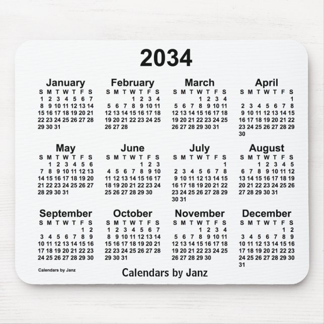 2034 White Calendar by Janz Mouse Pad (Front)