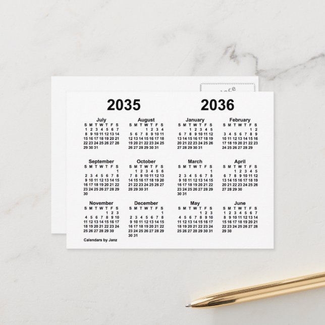 2035-2036 White School Year Calendar by Janz Postcard (Front/Back In Situ)