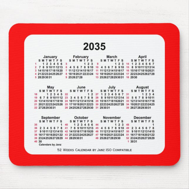 2035 Red 52 Weeks ISO Calendar by Janz Two Tone Mouse Pad (Front)