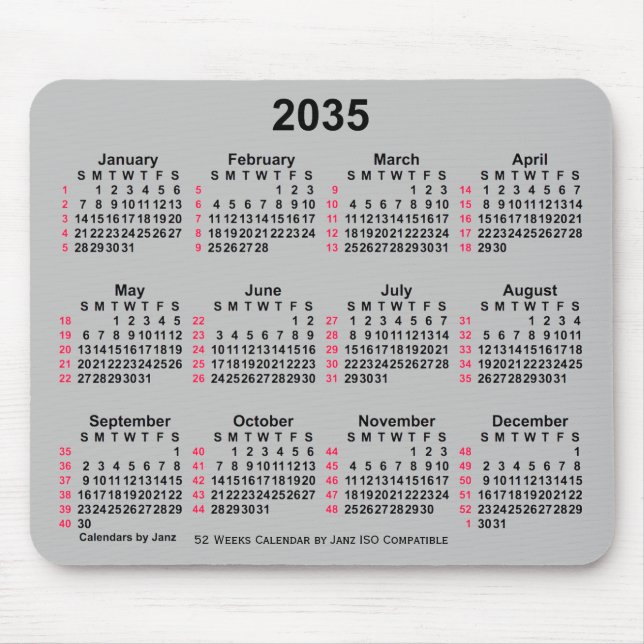 2035 Silver 52 Weeks ISO Calendar by Janz Mouse Pad (Front)