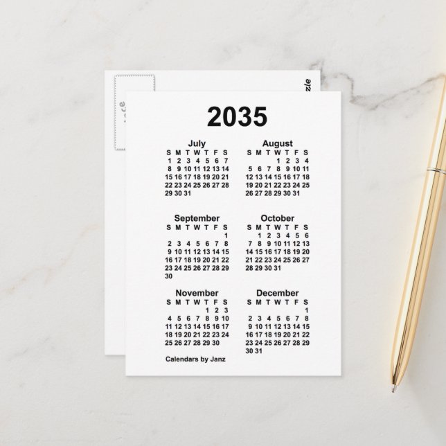 2035 White 6 Month Mini Calendar by Janz Postcard (Front/Back In Situ)
