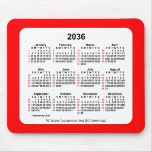 2036 Red 52 Weeks ISO Calendar by Janz Two Tone Mouse Pad