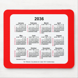 2036 Red 52 Weeks ISO Calendar by Janz Two Tone Mouse Pad