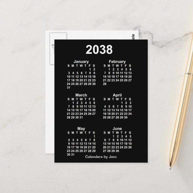 2038 Neon White 6 Month Mini Calendar by Janz Postcard (Front/Back In Situ)