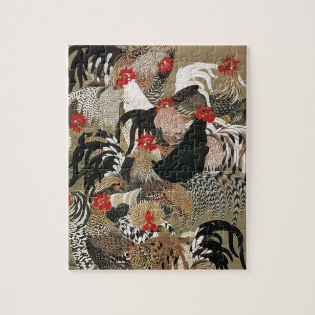 20. 群鶏図, 若冲 Flock of Roosters, Jakuchu, Japan Art Jigsaw Puzzle (Vertical)