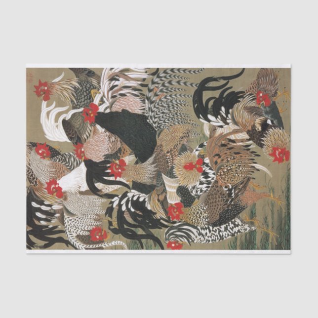 20. 群鶏図, 若冲 Flock of Roosters, Jakuchu Tissue Paper (Front)