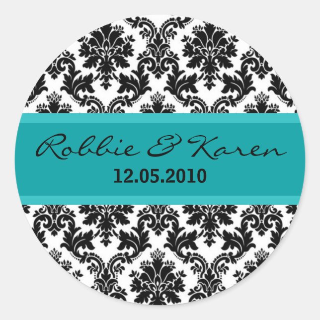 20 - 1.50" Black Damask & Teal Favour Stickers (Front)