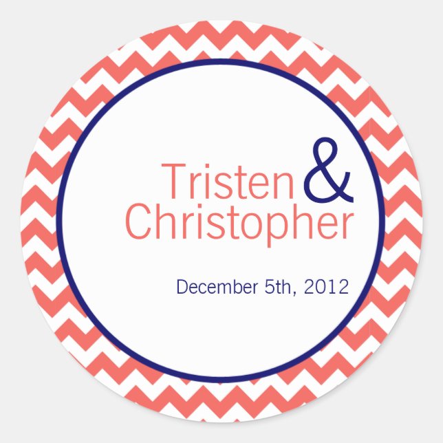 20 - 1.5"  Favour Stickers Coral Navy Blue Chevron (Front)