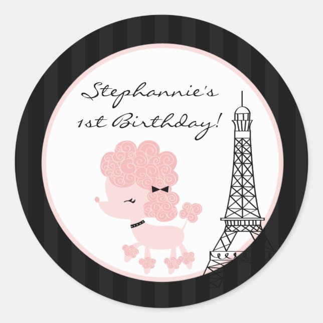 20 - 1.5"  Favour Stickers Pink Poodle in Paris (Front)