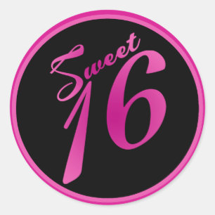 20 - 1.5"  Favour Stickers Sweet 16 Pink Black Par
