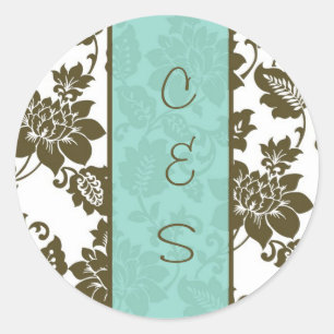20 Brown/Blue Floral Damask Wedding Favour Sticker