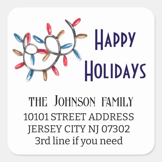 20 Custom Happy Holidays, Return Address  Square Sticker (Front)