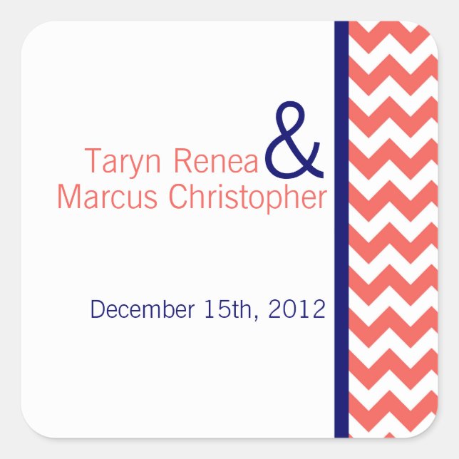 20 Favour Stickers Coral Navy Blue Chevron Name (Front)