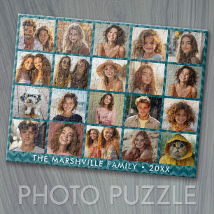 20 Photo Collage Blue with White Text Jigsaw Puzzle