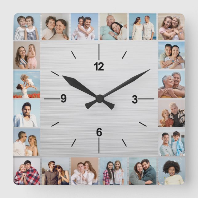 20 Photo Collage Brushed Silver Metallic Square Wall Clock (Front)