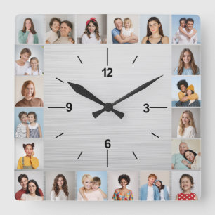 20 Photo Collage Brushed Silver Metallic Square Wall Clock
